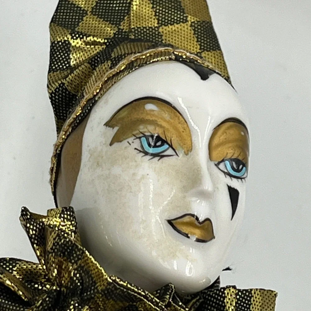 Vintage Porcelain Harlequin Clown‎ Doll Gold Black Checkered Jester 19.5 Inch